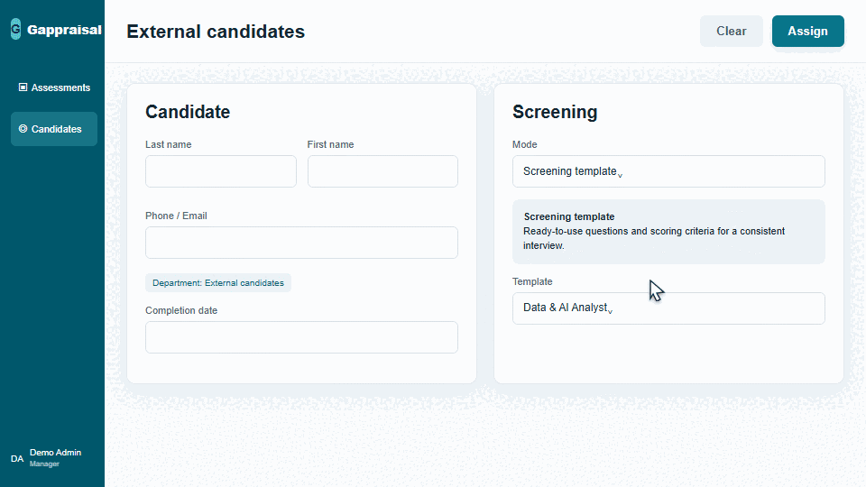 HR enters an external candidate’s details, sets a deadline, and selects the HR screening template for a Data & AI Analyst.