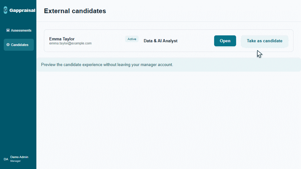 HR finds the external candidate, selects Complete as candidate, and opens the assigned assessment with the manager-session banner.