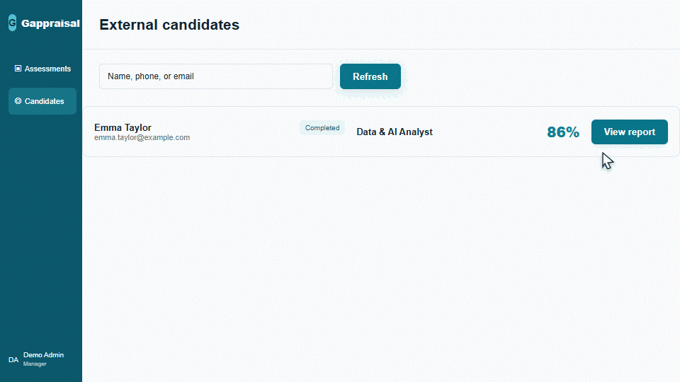 HR opens the final report with the score, risk map, and AI summary, expands a question, and reviews recommended courses.